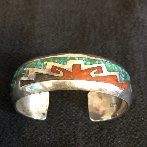 Devin Nelson Jewelry - DELVIN NELSON Navajo Sterling Turquoise & Coral Inlay Cuff Bracelet Please Read
